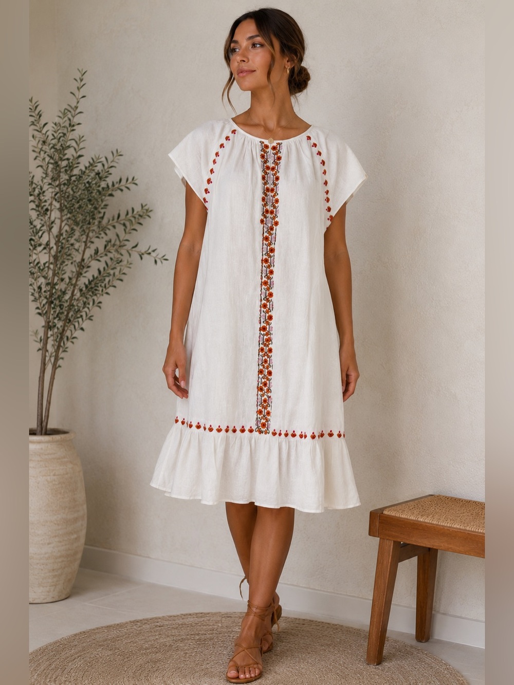 Madewell Embroidered Boho Shift Dress XL White Floral Short Sleeve Ruffle Hem